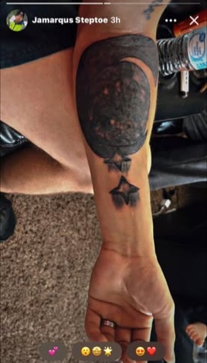 Forearm tattoo of a balloon and stars with uneven shading, an example of inked mistakes looking less cool than intended.