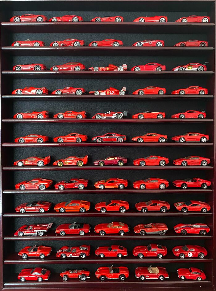 Collection of red model cars displayed on shelves, showcasing one of the most unusual collections people have in their homes