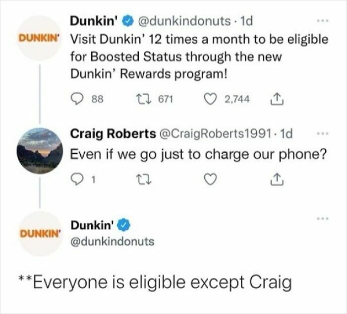 Screenshot of a funny Twitter exchange where Dunkin' excludes a user, showing worst and hilarious main character moments.