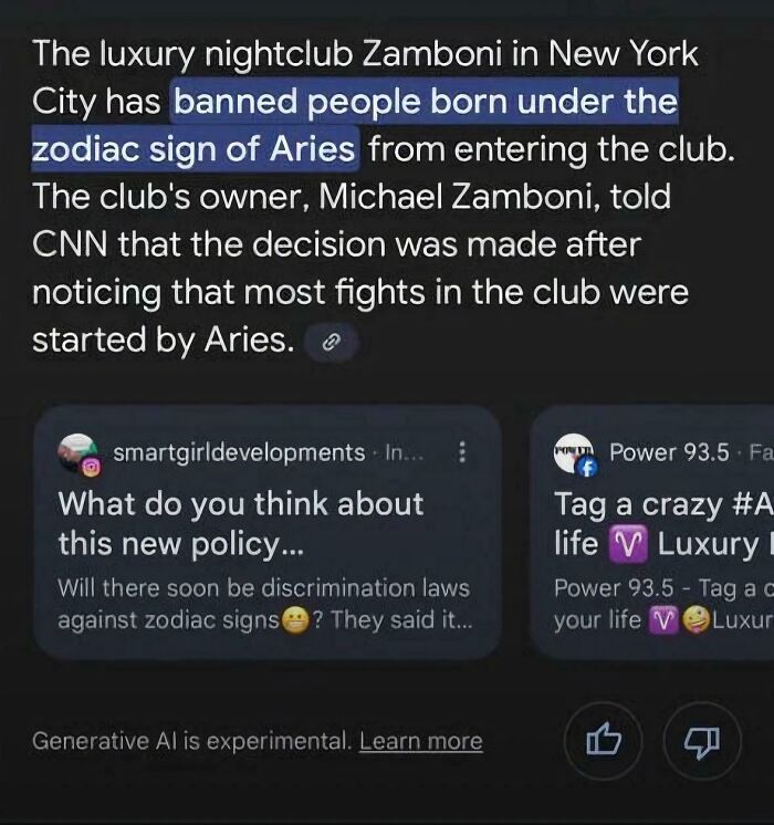 Text about a New York nightclub banning people born under Aries, showing a funny take on people becoming main characters.