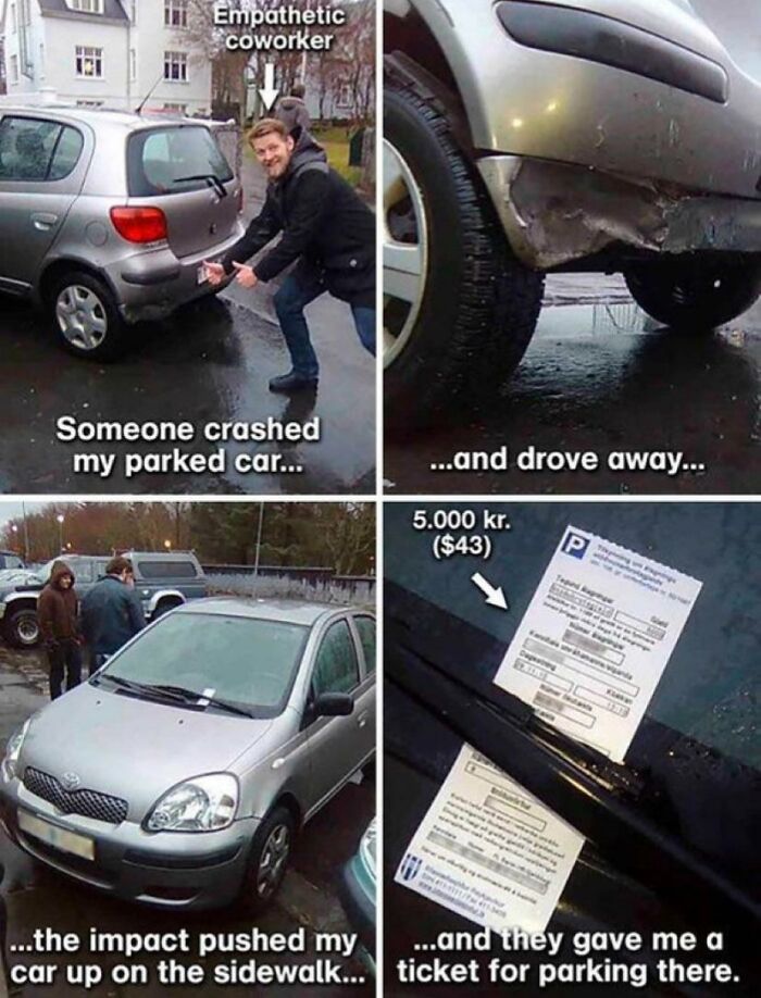 Man shows damaged car with hit-and-run crash, which ironically led to a parking ticket, featuring main character fails and humor.