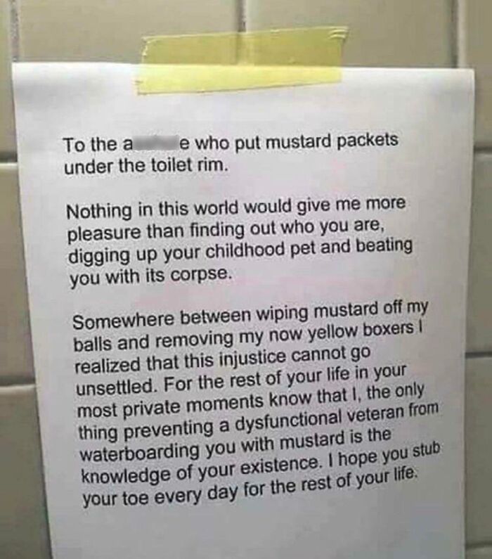 Funny note on bathroom wall about mustard prank, showcasing hilarious moments people became main characters in awkward situations.