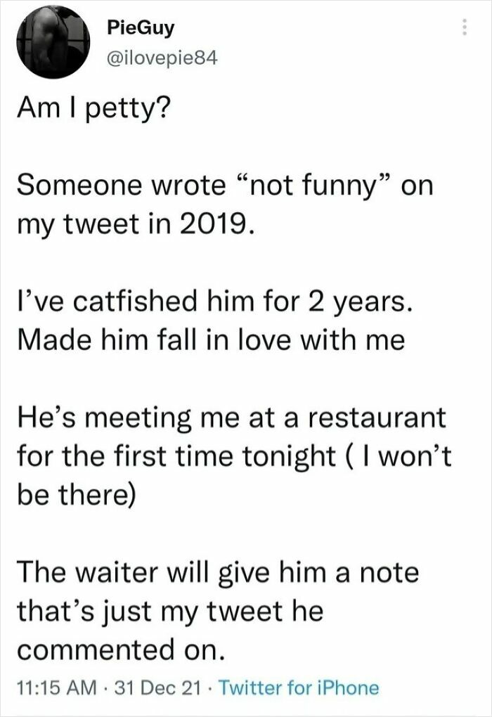 Text post about catfishing a person for two years after they called a tweet not funny, illustrating main character moments in a hilarious way