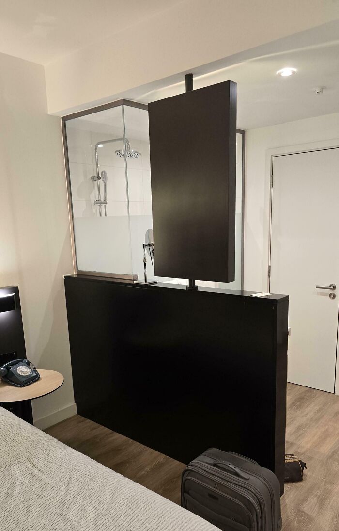 Black partition wall blocks access to bathroom with glass shower in small modern room, showcasing dumb interior design decisions.