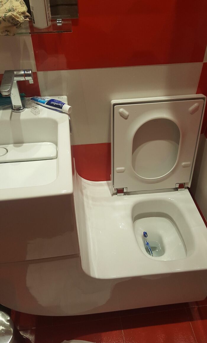 Bathroom interior design fail showing a combined sink and toilet unit with poor common sense layout.