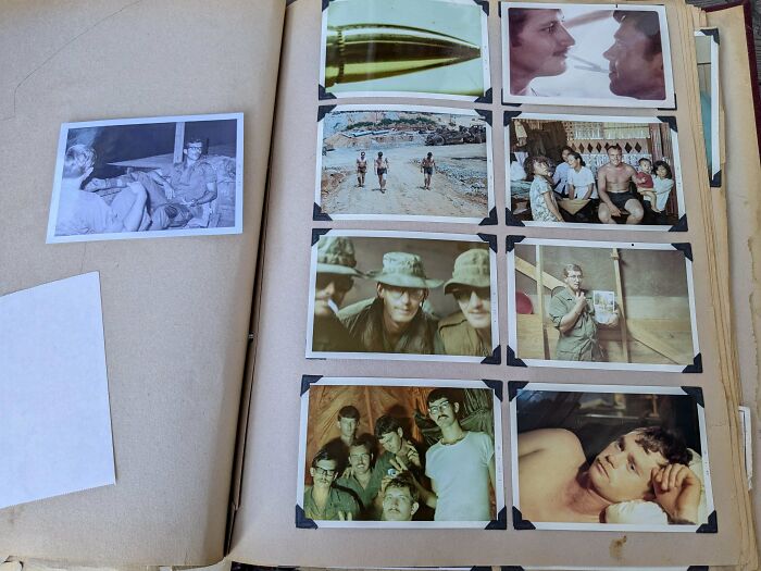 Vintage found photos of people in an album, capturing candid moments and group portraits from past decades.