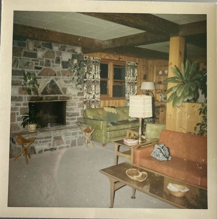 Vintage living room with stone fireplace, green and orange couches, wooden beams, and plants in people-share found photos.