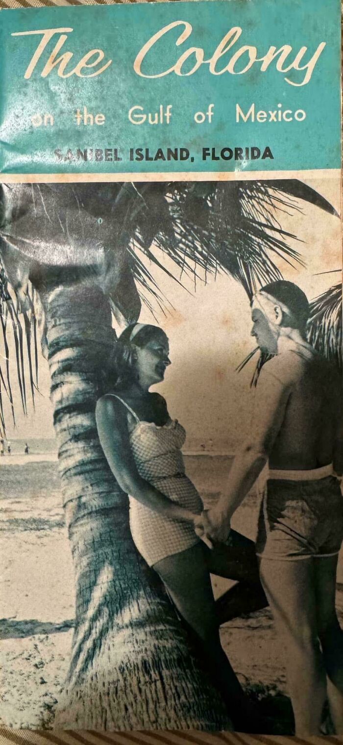 Couple holding hands under a palm tree on a beach in Florida, vintage style black and white found photo.