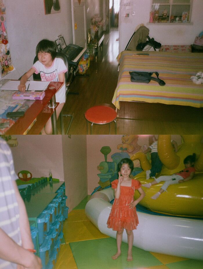 Two candid photos showing people share found photos with children in a cozy bedroom and colorful play area.