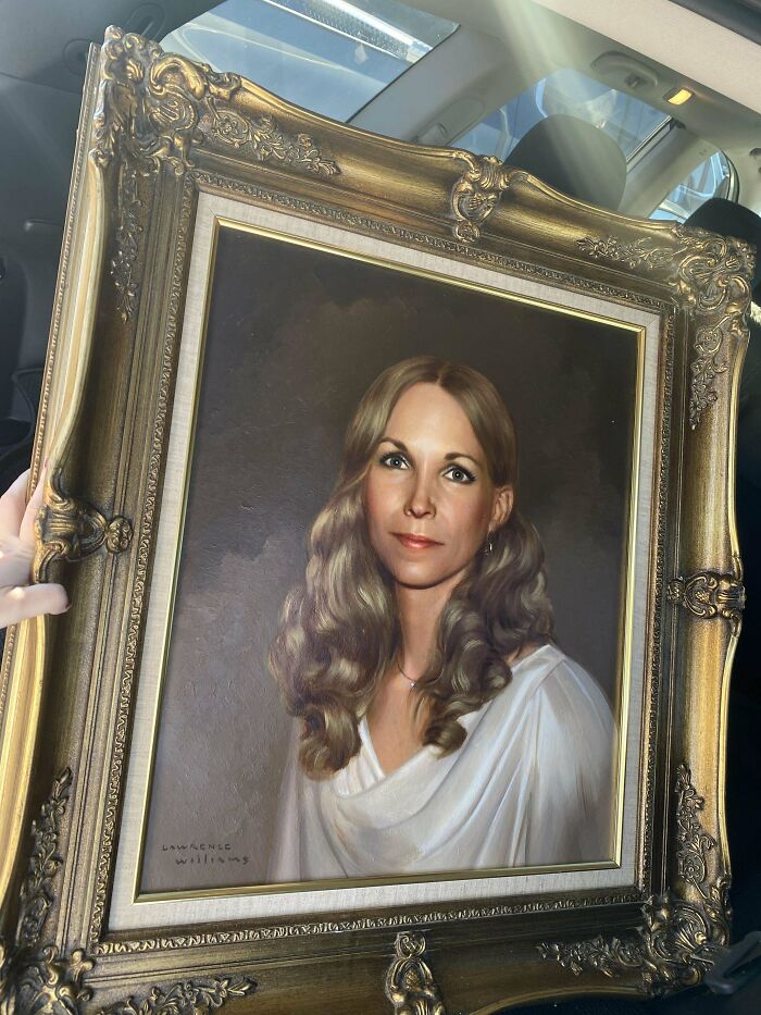 People share found photos of a detailed vintage portrait of a woman with long wavy hair in an ornate gold frame.