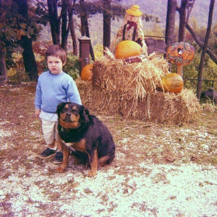 Child in a blue sweater stands with a dog near hay bales and pumpkins in a seasonal outdoor setting, people share found photos.