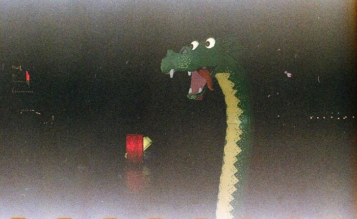 Inflatable green crocodile floating on water at night, a found photo shared by people online.