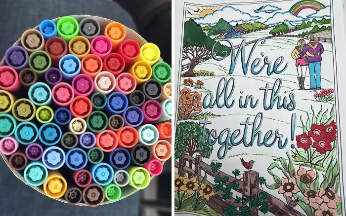 Set of colorful markers next to a detailed coloring page with the phrase We're all in this together, popular Amazon movers and shakers.