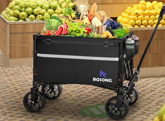 Folding utility cart filled with groceries in a market setting, representing popular Amazon movers and shakers products.