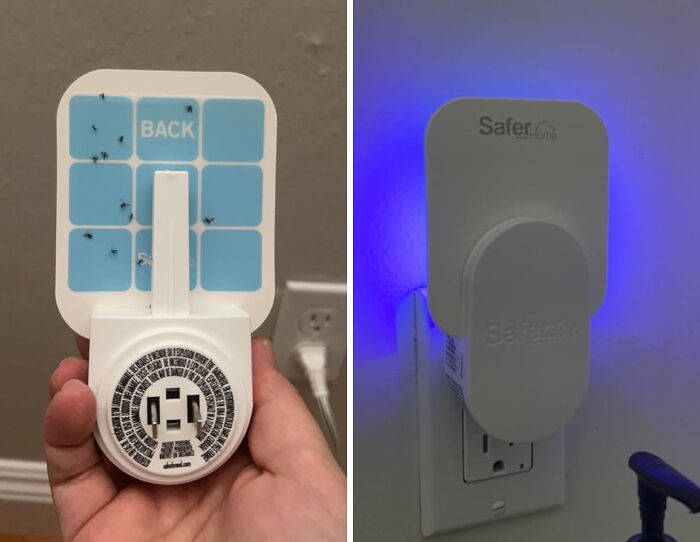 Handheld insect zapper beside a plug-in night light, showcasing popular Amazon movers and shakers products.