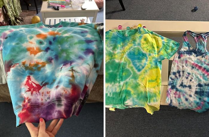 Colorful tie-dye shirts in vibrant patterns displayed indoors, showcasing popular Amazon movers and shakers fashion trends.