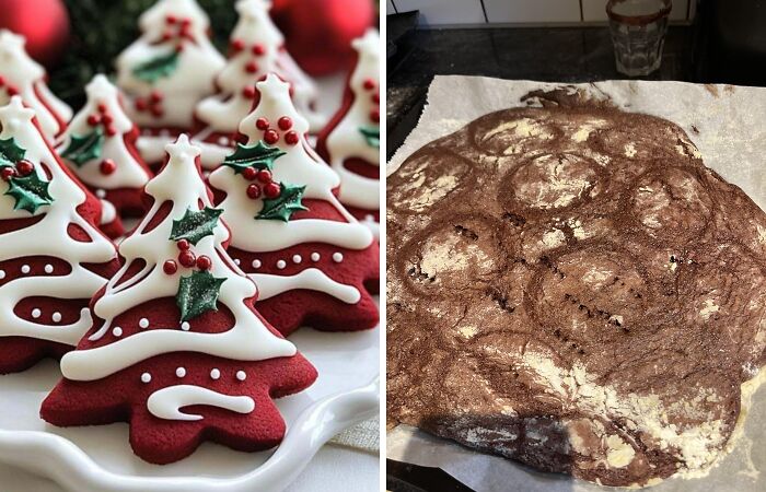 Comparison of perfectly decorated Christmas tree cookies and a baking fail with a burnt, misshapen cookie dough mess.