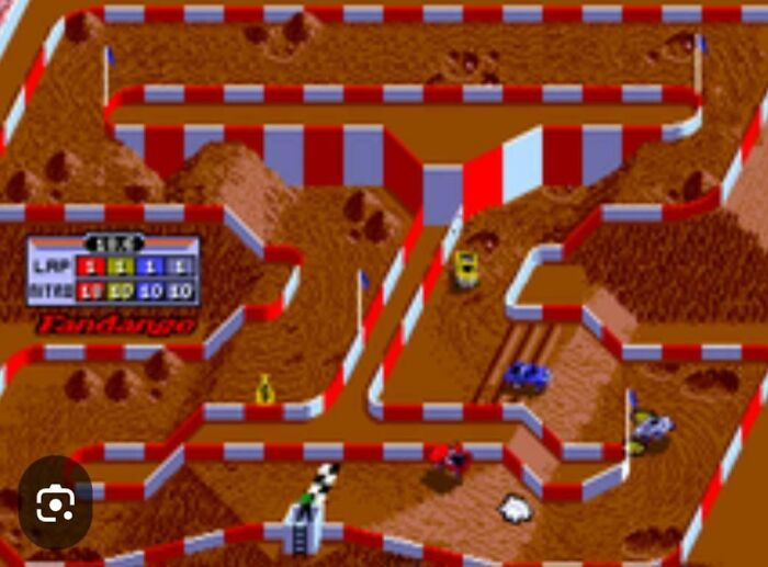 Pixelated vintage off-road racing video game with colorful cars navigating a dirt track in nostalgic style.