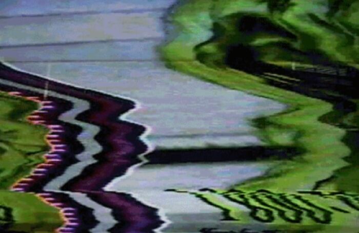Distorted and glitchy nostalgic TV screen image with vibrant green and purple colors, evoking old analog video memories.