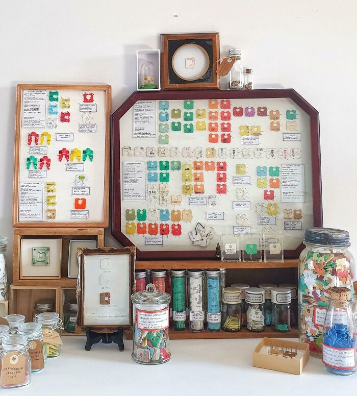 Collection of unusual vintage samples and colorful pieces displayed in frames and jars as part of home collections.