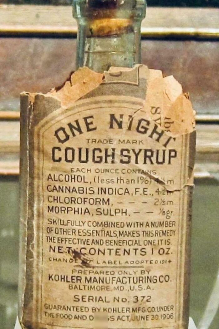 Vintage One Night cough syrup bottle with ingredients like cannabis and chloroform, curious picture for curious minds.