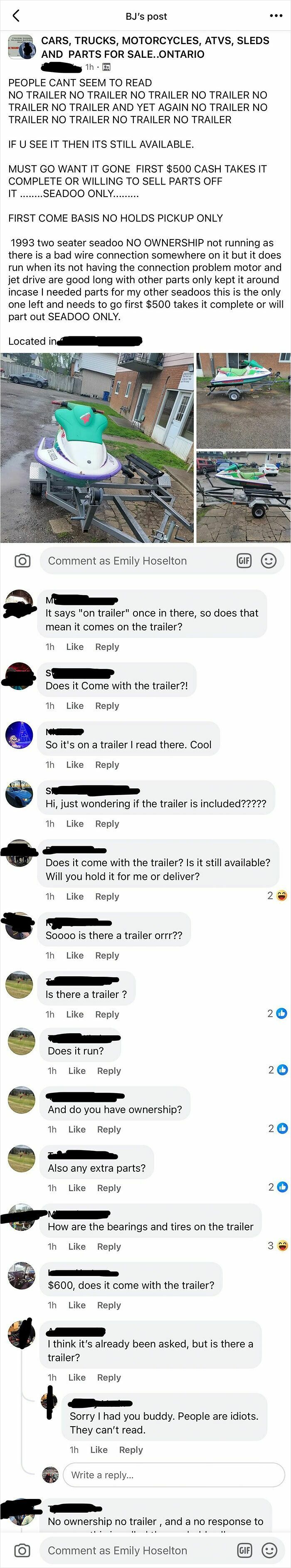 Sea-Doo jet ski with trailer listed for sale on Facebook Marketplace among wildest things found for sale on the platform.