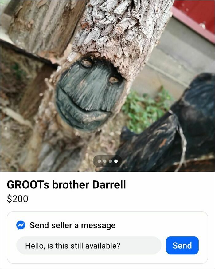 Chainsaw carved cottonwood tree sculpture with a smiling face, one of the wildest things found on Facebook Marketplace.