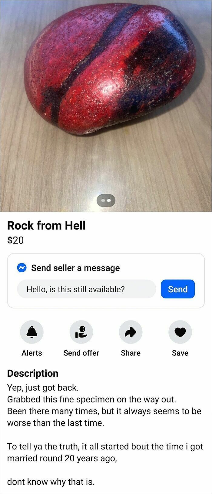 Red and black painted rock listed for sale, one of the wildest things found on Facebook Marketplace.