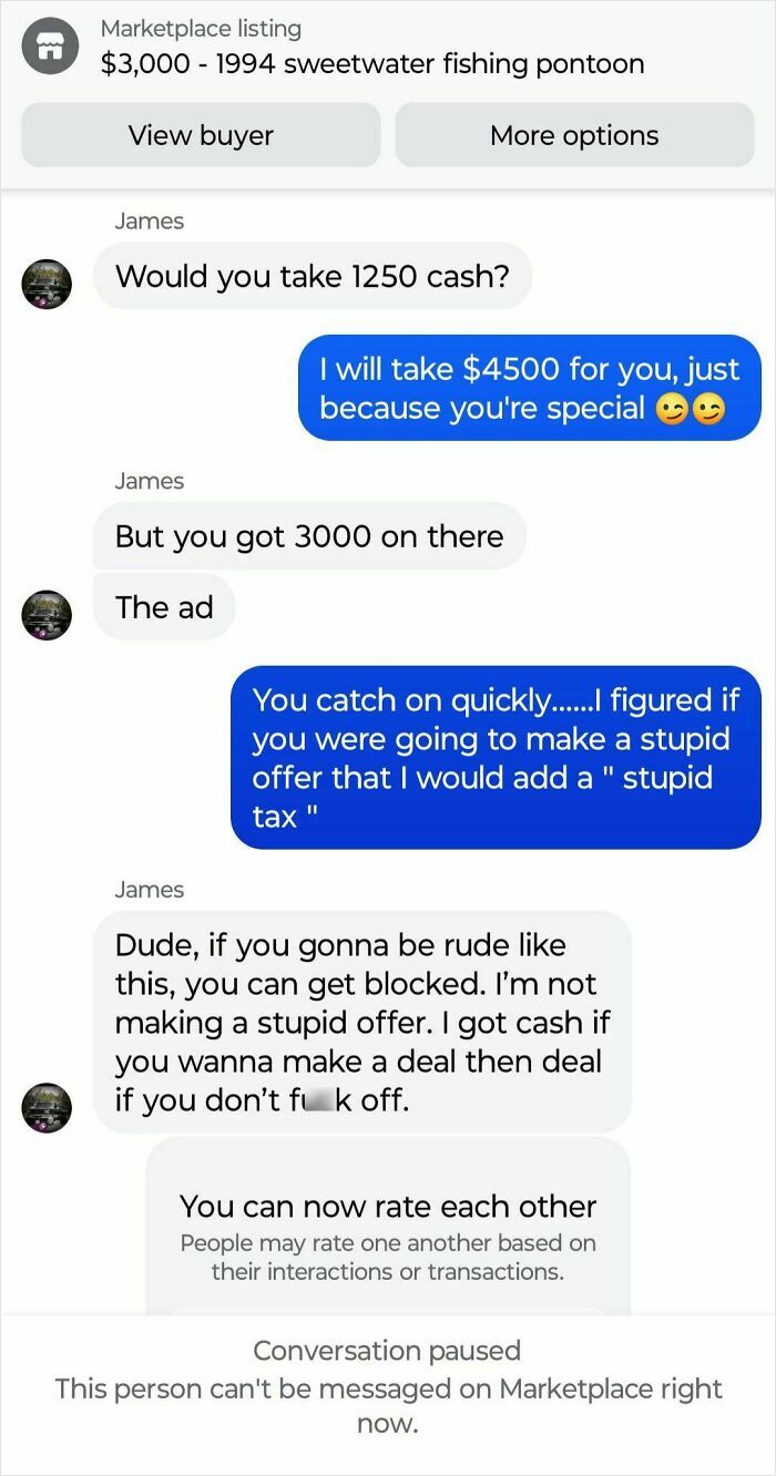 Chat conversation showing a wild negotiation for a 1994 Sweetwater fishing pontoon on Facebook Marketplace.
