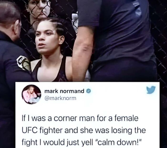 Female UFC fighter in a cage with a tweet joke, a funny random meme to make you giggle and enjoy new pics.