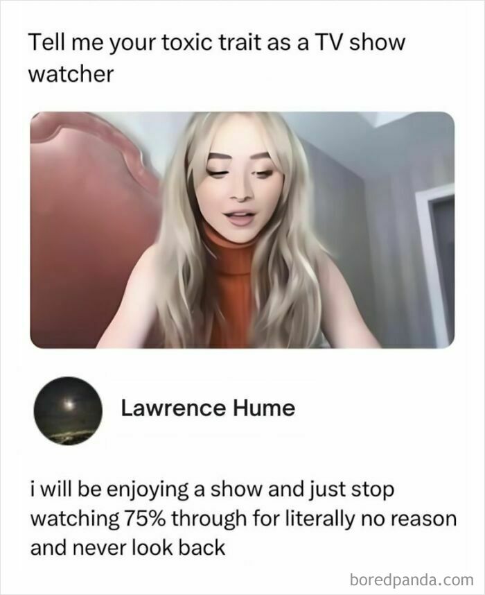 Woman with long blonde hair sharing a funny random meme about toxic traits of TV show watchers to make you giggle.