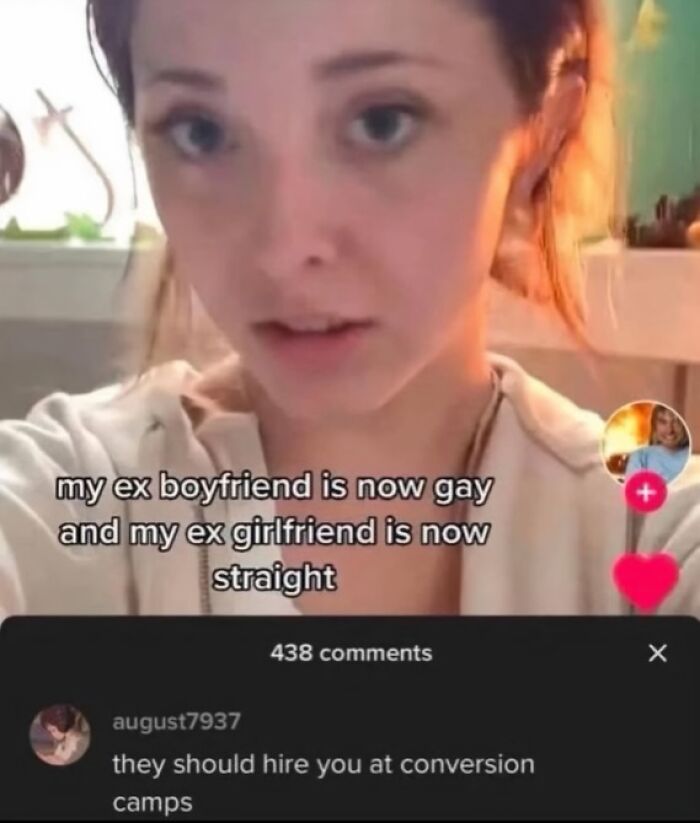 Young woman sharing a funny random meme about ironic relationship changes, sparking giggles and social media comments.