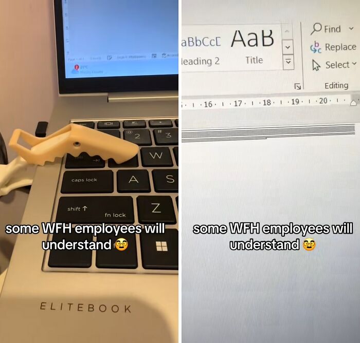 Close-up of a laptop keyboard and Word document with captions about work-from-home memes employees will understand.