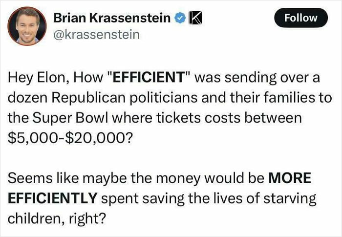 Tweet criticizing spending on Super Bowl tickets instead of saving starving children highlights America facepalm moments.