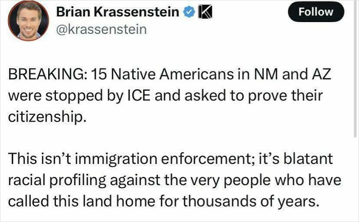 Tweet about Native Americans stopped by ICE, highlighting a facepalm moment proving common sense isn’t common in America.