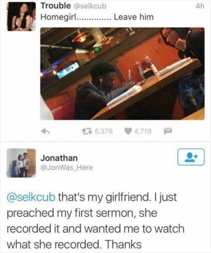 Couple in a restaurant showing a facepalm moment where a woman misinterprets her boyfriend’s intent to watch a sermon video.