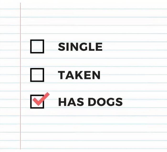 Checkbox list on lined paper showing single, taken, and has dogs with a checkmark next to has dogs dog memes concept.