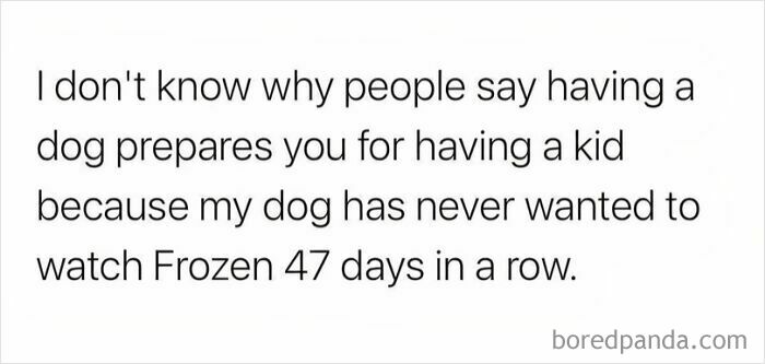 Funny dog meme text about how having a dog does not prepare you for having a child who watches Frozen nonstop.
