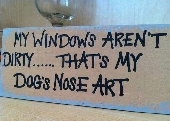 Sign humorously stating dog nose art on windows, a funny dog meme that might make you want to hug your pupper immediately.