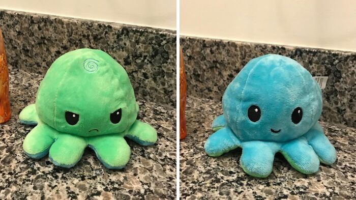 Reversible plush octopus toy showing happy and angry emotions, a joyful unexpected find for instant mood lift.