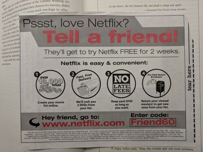 Vintage Netflix ad offering free 2-week trial with easy DVD delivery and no late fees for movie rentals.