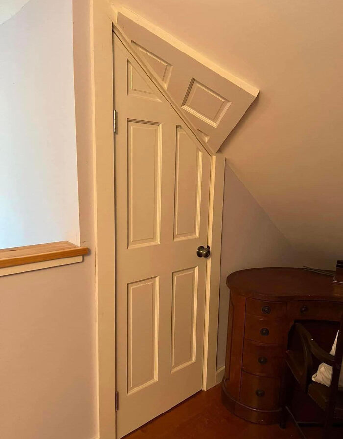 Unusual DIY project showing a door with a smaller, diagonal door cut into the top corner.