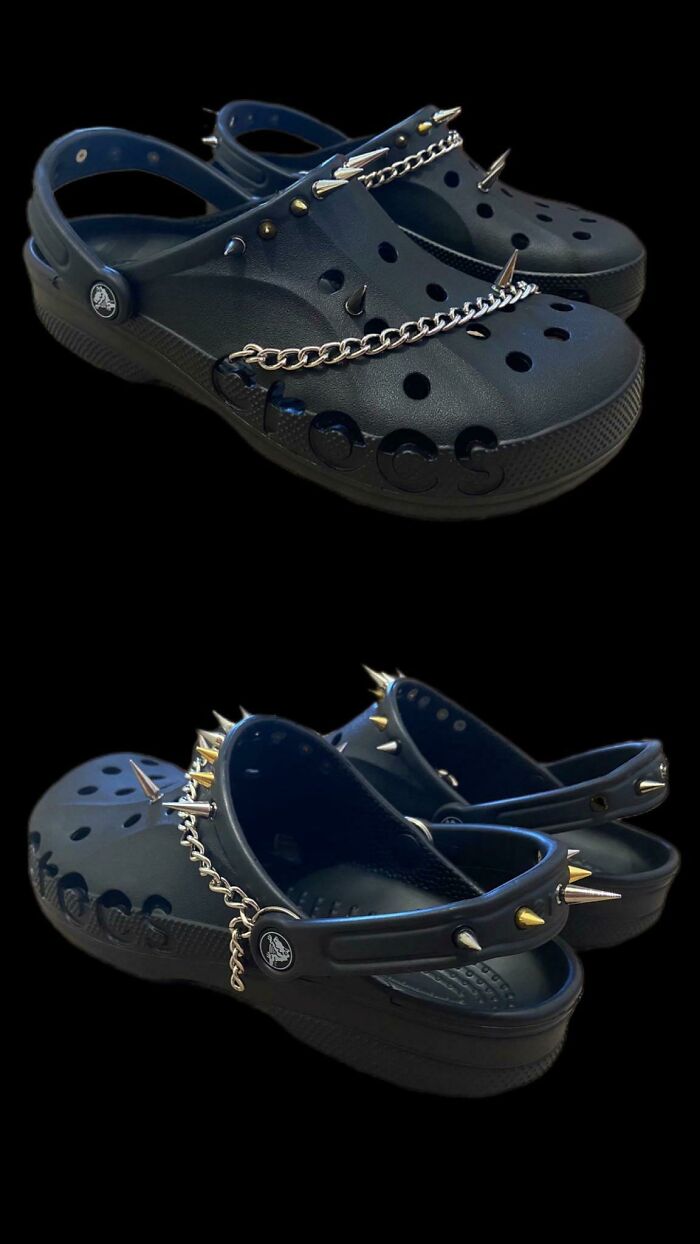 Black Crocs customized with DIY spikes and chains, showcasing a bold DIY project blending style and creativity.