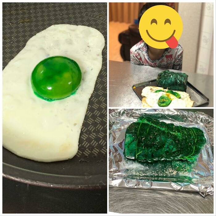 Unusual DIY project creating a green gelatin egg and wrapped food items, showcasing creative and unhinged DIY projects.