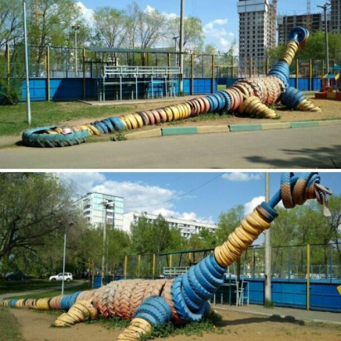 Playground dinosaur sculpture made from stacked colorful tires, an unusual DIY project showing creative reuse.