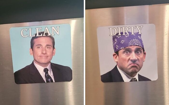 Magnetic dishwasher signs with clean and dirty labels featuring TV character faces, a ridiculous purchase that just kind of makes sense.