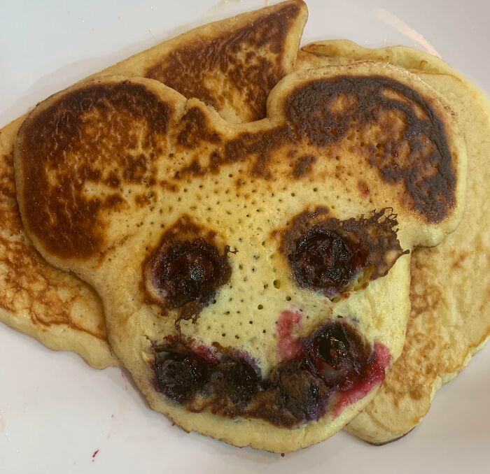 Burnt pancake shaped like a bear face with overcooked spots and unevenly cooked berries in a cooking fail accident.