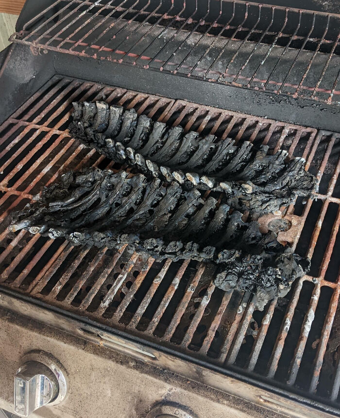 Burnt ribs on a rusty grill, illustrating a hilariously painful cooking fail and accident.