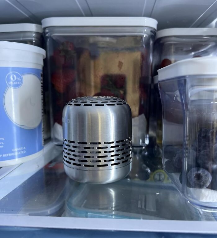 Small stainless steel gadget inside a fridge among containers, one of the top Amazon finds on everyone’s wishlists right now.