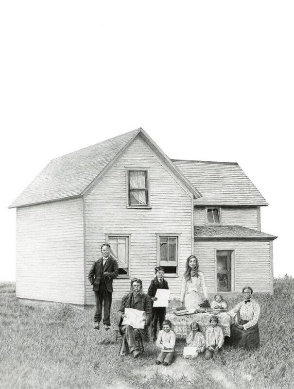 Graphite drawing of a vintage family scene in front of a house, blending familiar imagery with deeply unsettling details.